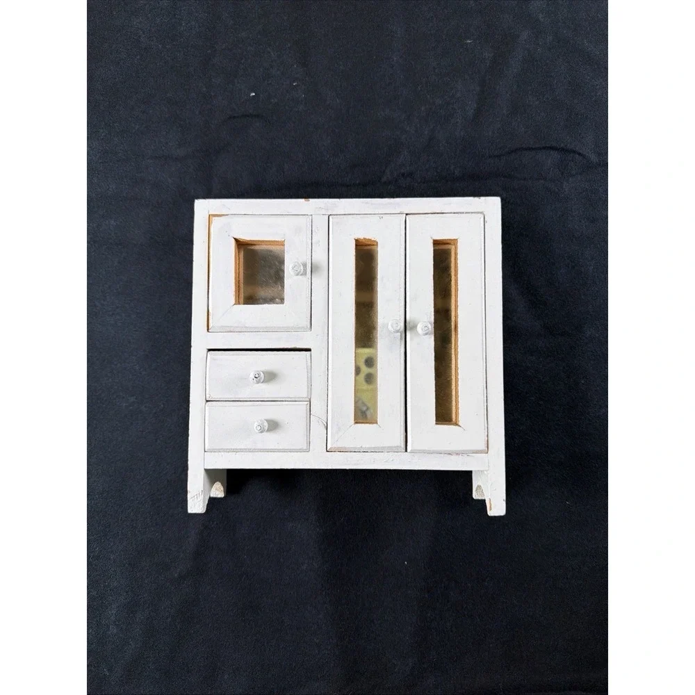 Vintage Dollhouse Miniature Wardrobe Wooden Doors Drawers Mirror